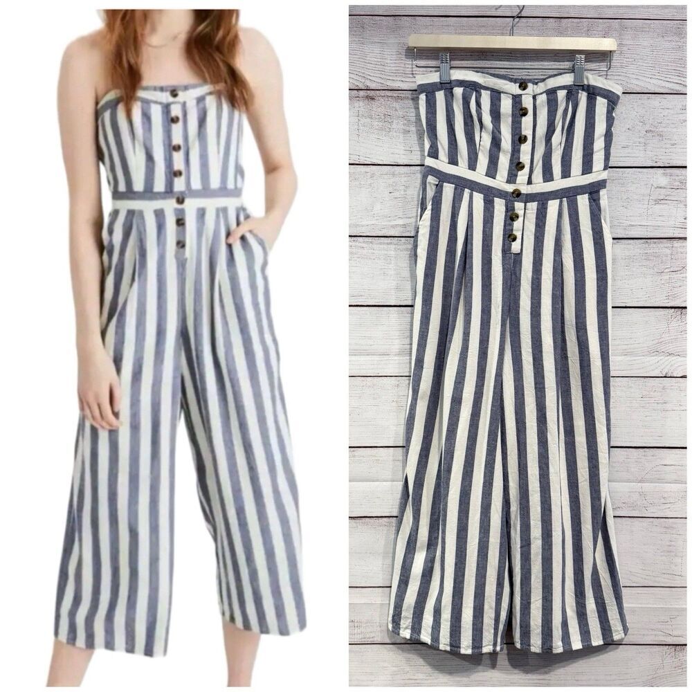 American Eagle Blue Ivory Striped Button Front Jumpsuit Size Small Petite